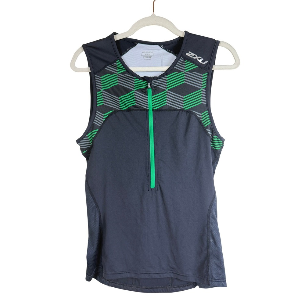 2XU Active Tri Singlet Youth Unisex M Black Green Triathlon Top Performance New